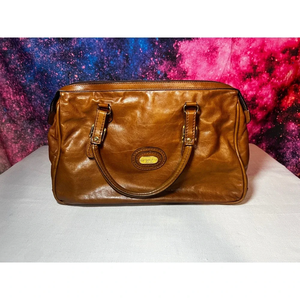 Harolds Style Vintage 1980s Leather Satchel Cognac Brown Top Handle Bag 14x9